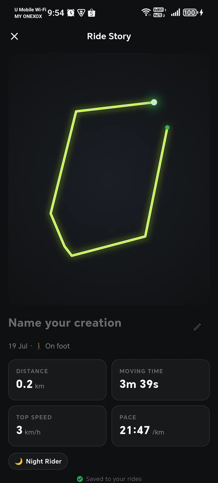 A finished ride rendered as glowing GPS art