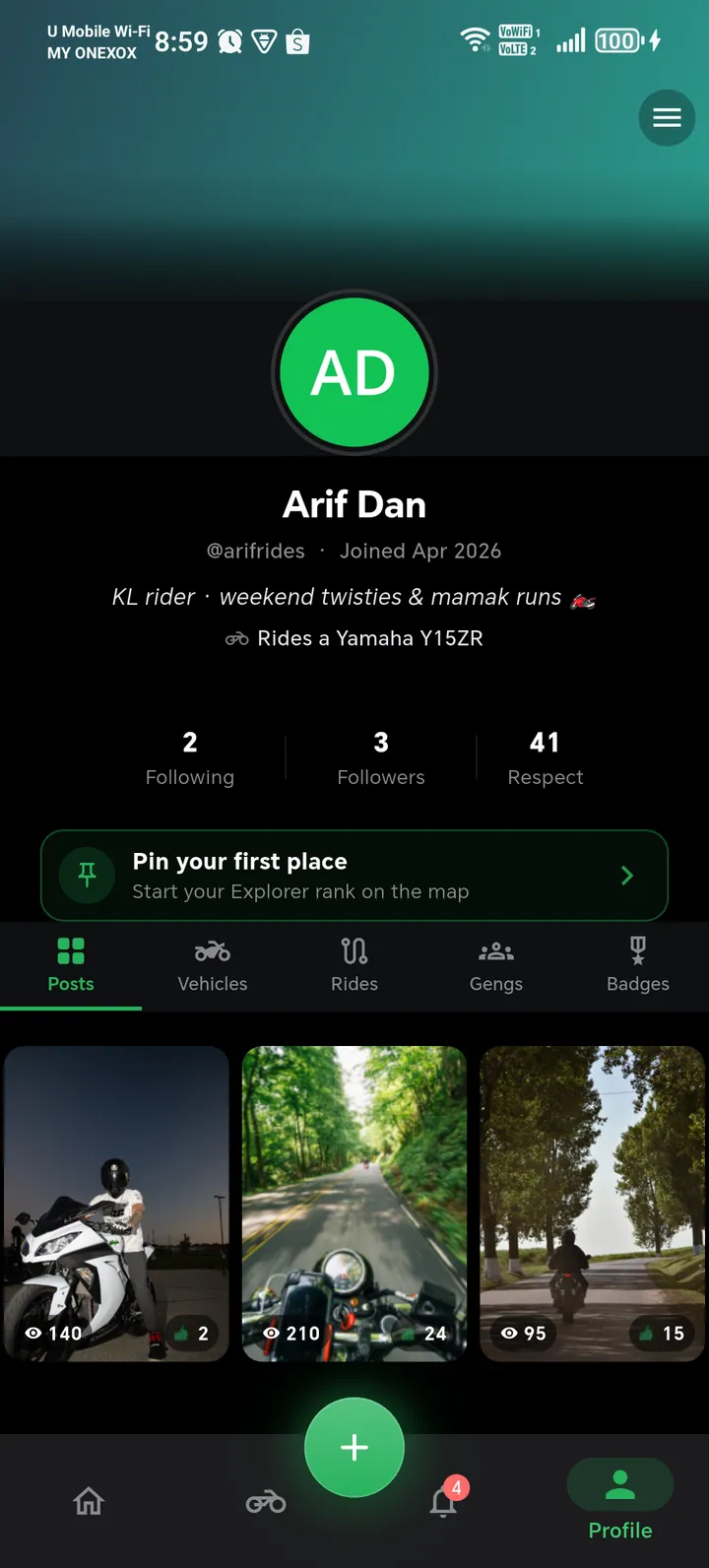 A rider profile and garage